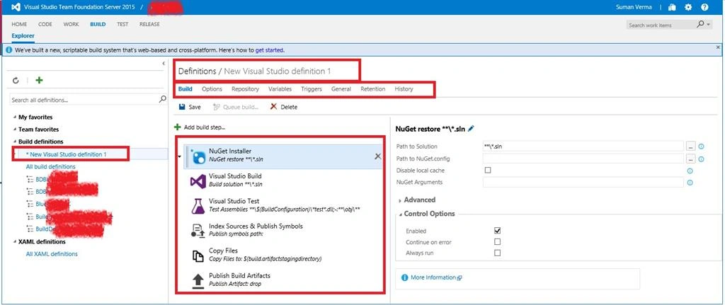 How To Create A Build Definition In TFS 2015, Adding Tasks And Setting Build Menu Options