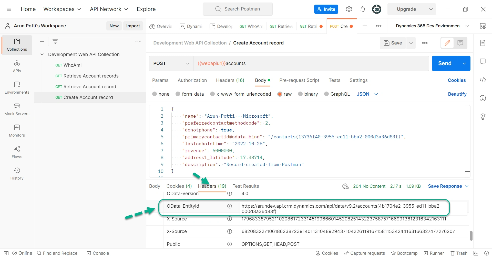 Create A Table Record in A Dataverse Environment From Postman