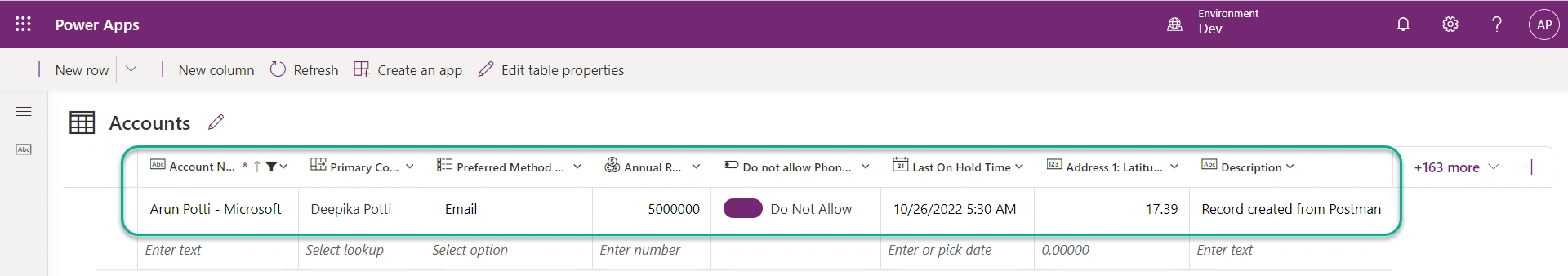 Create A Table Record in A Dataverse Environment From Postman