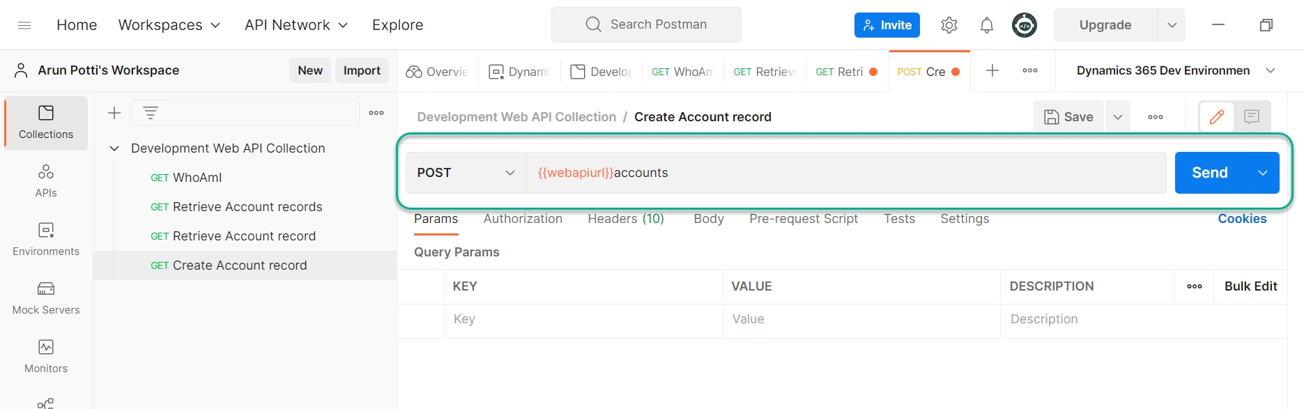Create A Table Record in A Dataverse Environment From Postman