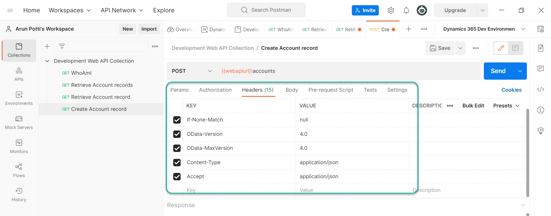 Create A Table Record in A Dataverse Environment From Postman