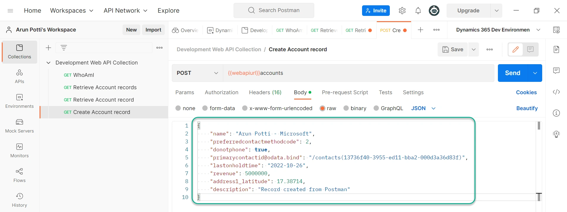 Create A Table Record in A Dataverse Environment From Postman