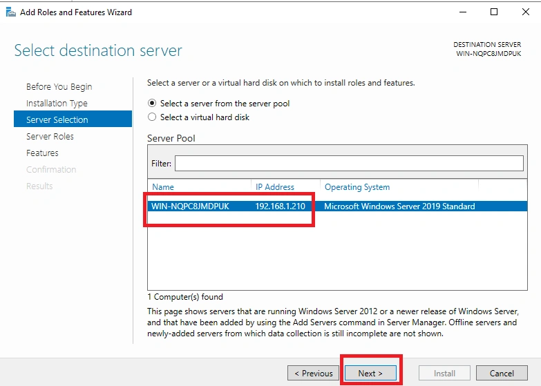 Select destination server