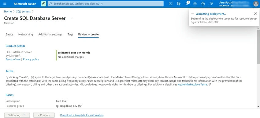  Create Azure SQL Server Database