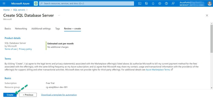  Create Azure SQL Server Database