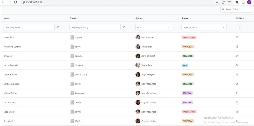 How to create Data Table with Filter using PrimeReact