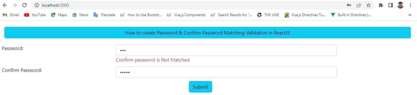 How To Create Password And Confirm Password Matching Validation In ReactJS