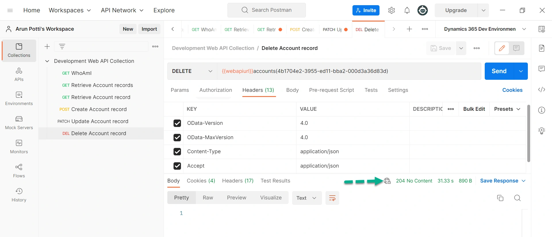 Delete The Table Rows In The Dataverse Environment From Postman