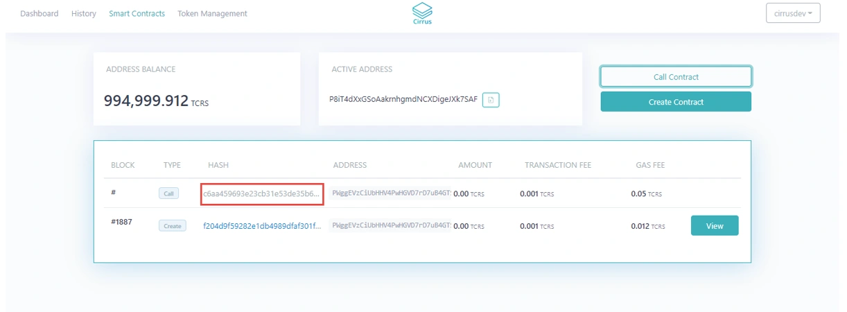 Calling Contract from Cirrus Core Private Net Wallet