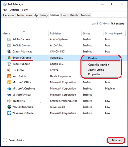 click on disable option