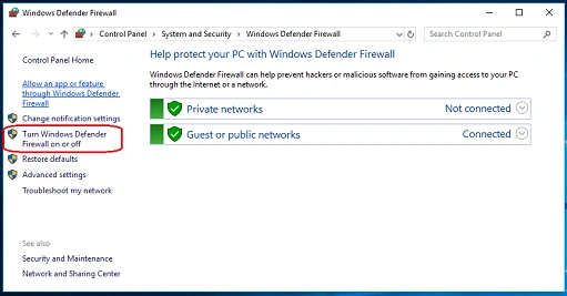 Click on "Turn Windows Defender Firewall on or off".