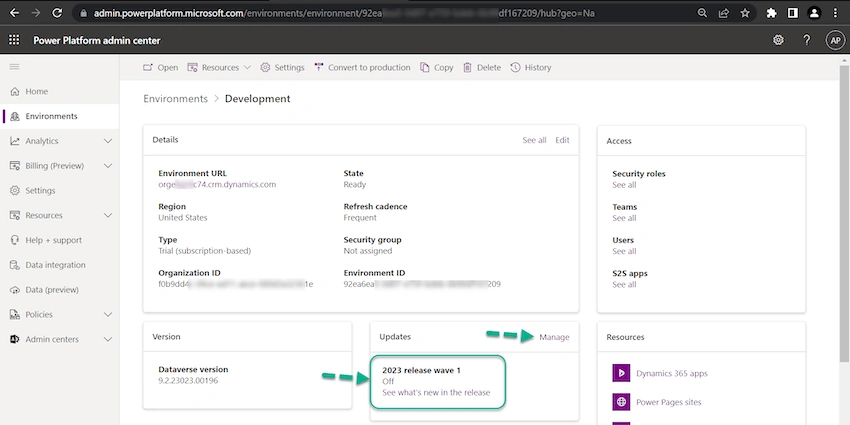Enable 2023 Release Wave 1 updates in the Dataverse Environment?