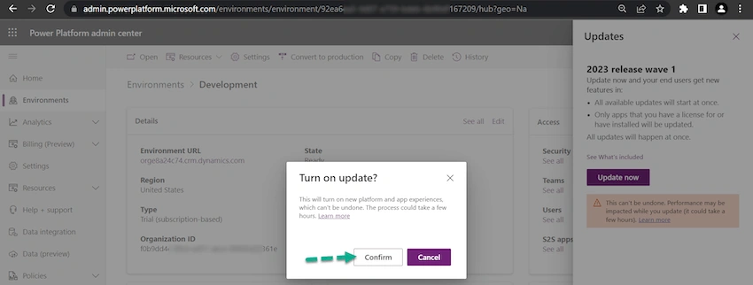 Enable 2023 Release Wave 1 updates in the Dataverse Environment?