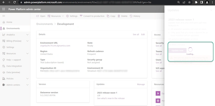 Enable 2023 Release Wave 1 updates in the Dataverse Environment?