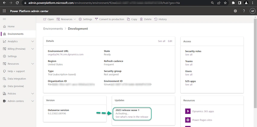 Enable 2023 Release Wave 1 updates in the Dataverse Environment?