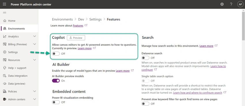 Enable Copilot (Preview) feature in Canvas Apps