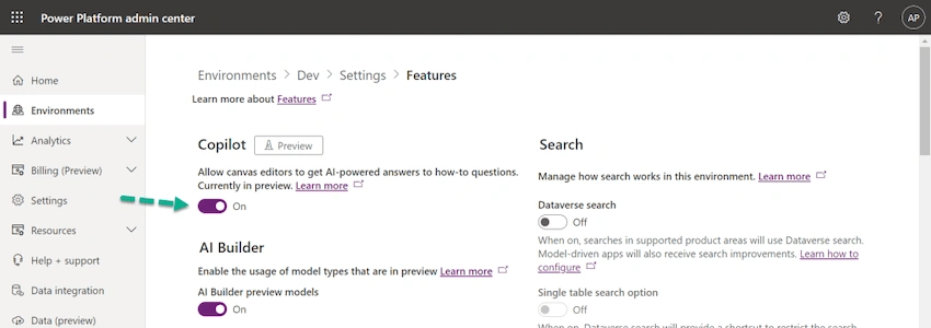 Enable Copilot (Preview) feature in Canvas Apps
