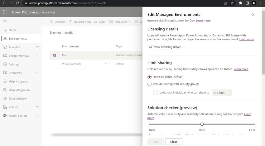 Managed Environment edit popup