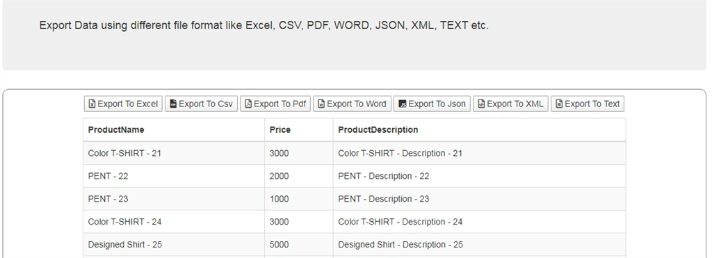 How To Export Data In EXCEL, PDF, CSV, Word, JSON, XML And Text File In MVC Application