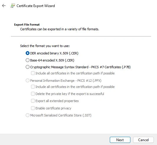 Export .pfx certificate