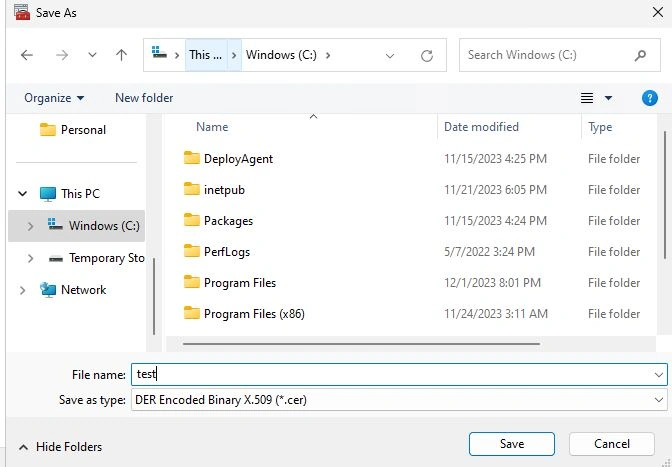 Export .pfx certificate