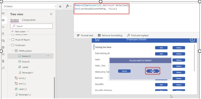 Delete button's function