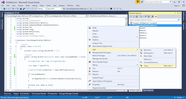 public class CsvWriter {     privateconst string DELIMITER = ",";      public string Write < T  /> (IList < T > list, bool includeHeader = true) {         StringBuildersb = new StringBuilder();          Type type = typeof(T);          PropertyInfo[] properties = type.GetProperties();          if (includeHeader) {             sb.AppendLine(this.CreateCsvHeaderLine(properties));         }          foreach(var item in list) {             sb.AppendLine(this.CreateCsvLine(item, properties));         }          returnsb.ToString();     }      public string Write < T > (IList < T > list, string fileName, bool includeHeader = true) {         string csv = this.Write(list, includeHeader);          this.WriteFile(fileName, csv);          return csv;     }      private string CreateCsvHeaderLine(PropertyInfo[] properties) {         List < string > propertyValues = new List < string > ();          foreach(var prop in properties) {             stringformatString = string.Empty;             string value = prop.Name;              var attribute = prop.GetCustomAttribute(typeof(DisplayAttribute));             if (attribute != null) {                 value = (attribute as DisplayAttribute).Name;             }              this.CreateCsvStringItem(propertyValues, value);         }          returnthis.CreateCsvLine(propertyValues);     }      private string CreateCsvLine < T > (T item, PropertyInfo[] properties) {         List < string > propertyValues = new List < string > ();          foreach(var prop in properties) {             stringformatString = string.Empty;             object value = prop.GetValue(item, null);              if (prop.PropertyType == typeof(string)) {                 this.CreateCsvStringItem(propertyValues, value);             } else if (prop.PropertyType == typeof(string[])) {                 this.CreateCsvStringArrayItem(propertyValues, value);             } else if (prop.PropertyType == typeof(List < string > )) {                 this.CreateCsvStringListItem(propertyValues, value);             } else {                 this.CreateCsvItem(propertyValues, value);             }         }          returnthis.CreateCsvLine(propertyValues);     }      private string CreateCsvLine(IList < string > list) {         returnstring.Join(CsvWriter.DELIMITER, list);     }      private void CreateCsvItem(List < string > propertyValues, object value) {         if (value != null) {             propertyValues.Add(value.ToString());         } else {             propertyValues.Add(string.Empty);         }     }      private void CreateCsvStringListItem(List < string > propertyValues, object value) {         string formatString = "\"{0}\"";         if (value != null) {             value = this.CreateCsvLine((List < string > ) value);             propertyValues.Add(string.Format(formatString, this.ProcessStringEscapeSequence(value)));         } else {             propertyValues.Add(string.Empty);         }     }      private void CreateCsvStringArrayItem(List < string > propertyValues, object value) {         string formatString = "\"{0}\"";         if (value != null) {             value = this.CreateCsvLine(((string[]) value).ToList());             propertyValues.Add(string.Format(formatString, this.ProcessStringEscapeSequence(value)));         } else {             propertyValues.Add(string.Empty);         }     }      private void CreateCsvStringItem(List < string > propertyValues, object value) {         string formatString = "\"{0}\"";         if (value != null) {             propertyValues.Add(string.Format(formatString, this.ProcessStringEscapeSequence(value)));         } else {             propertyValues.Add(string.Empty);         }     }      private string ProcessStringEscapeSequence(object value) {         returnvalue.ToString().Replace("\"", "\"\"");     }      public bool WriteFile(string fileName, string csv) {         boolfileCreated = false;          if (!string.IsNullOrWhiteSpace(fileName)) {             File.WriteAllText(fileName, csv);              fileCreated = true;         }          returnfileCreated;     } }
