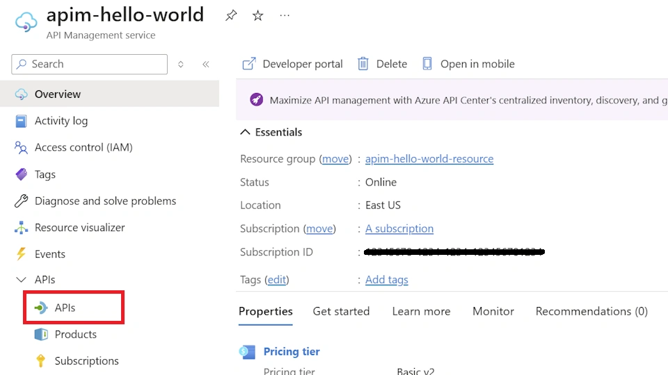API Management services overview page APIs Detail