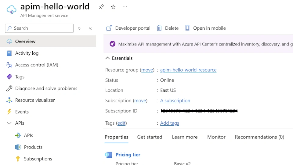 API Management services overview page