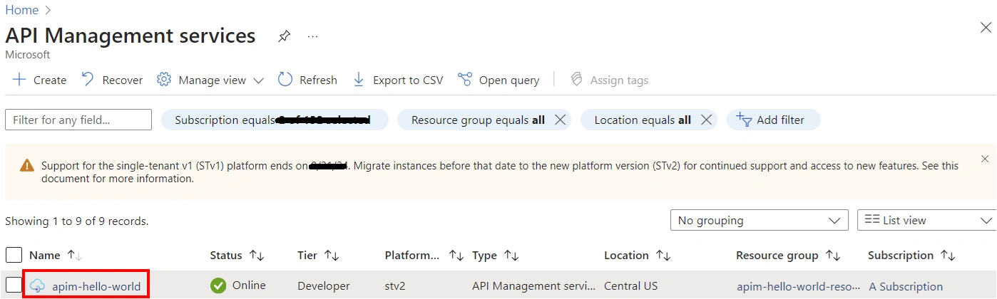 API Management services page