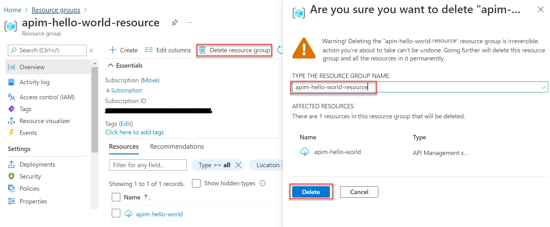 Delete resource group