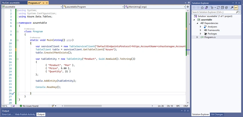 How to insert the data in Azure Storage Table