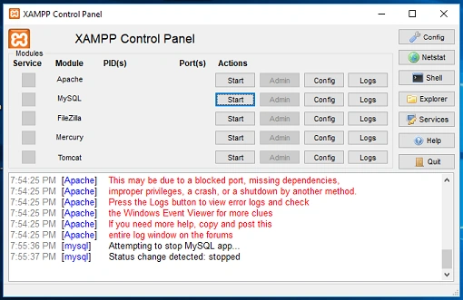 open XAMPP