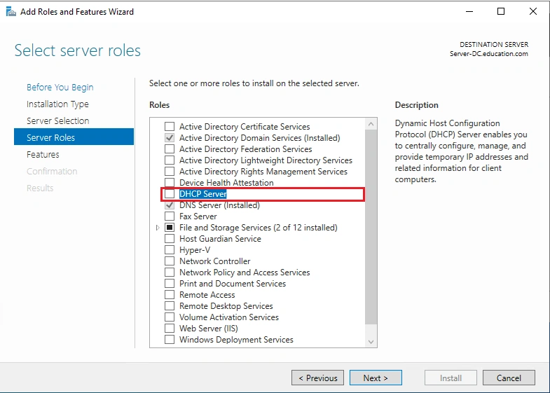 install DHCP server and configure Windows server