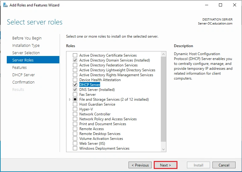 install DHCP server and configure Windows server