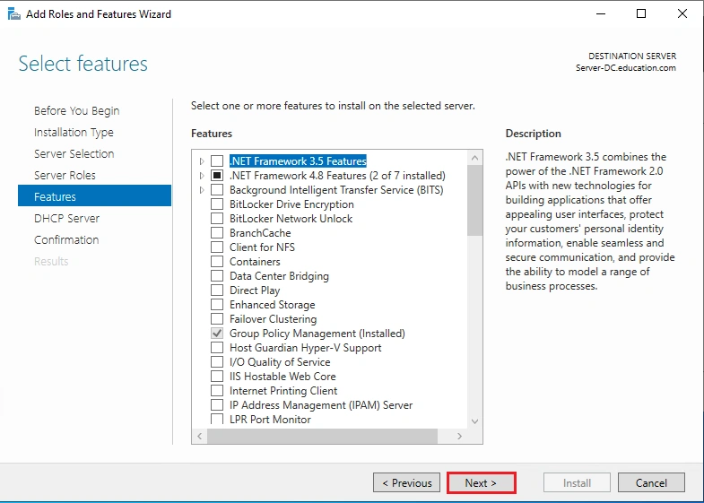 install DHCP server and configure Windows server