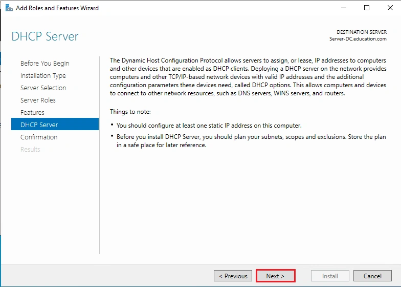 install DHCP server and configure Windows server