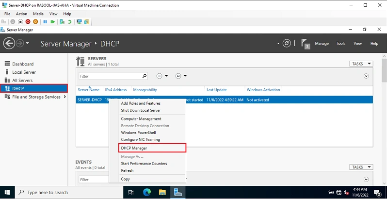 install DHCP server and configure Windows server
