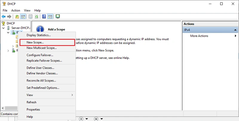 install DHCP server and configure Windows server