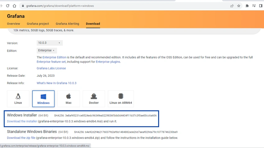 Grafana download page
