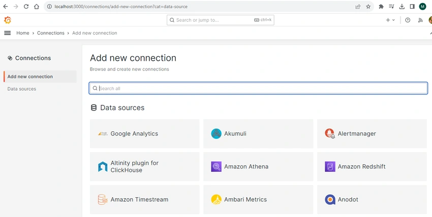 add new connection in grafana