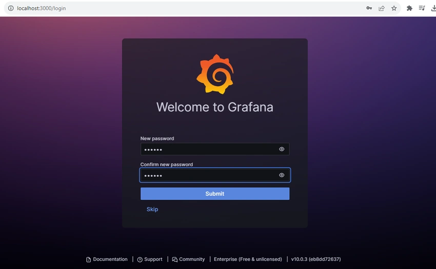 Grafana login screen