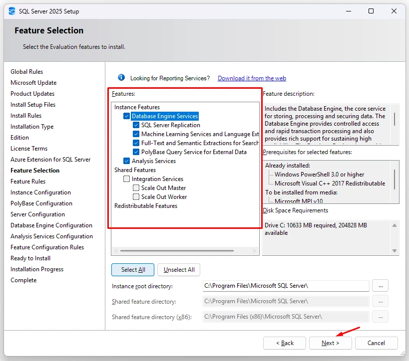 Feature selection and click on next button