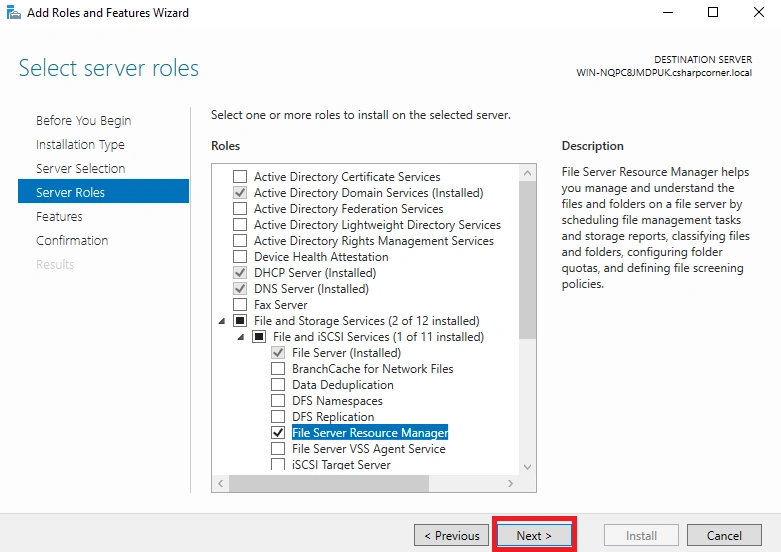 Select roles to install on server