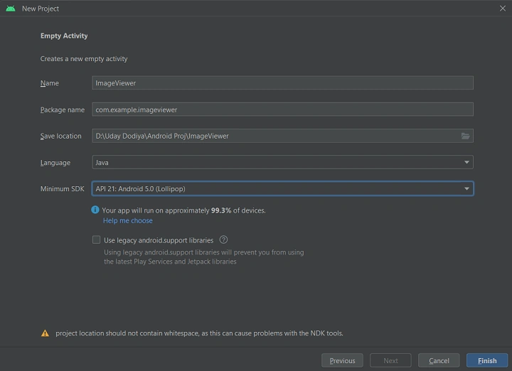 Give projet name and select project location