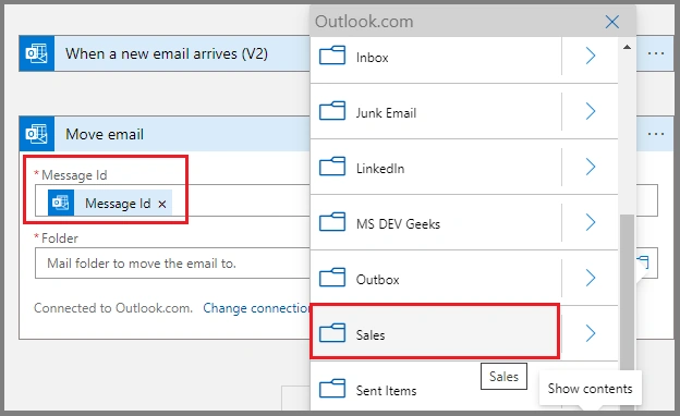 How to move the specific email to specific folder using Azure Logic App