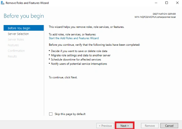 Remove roles and features Wizard