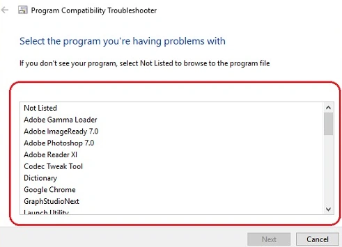 Select the program you are have problems-