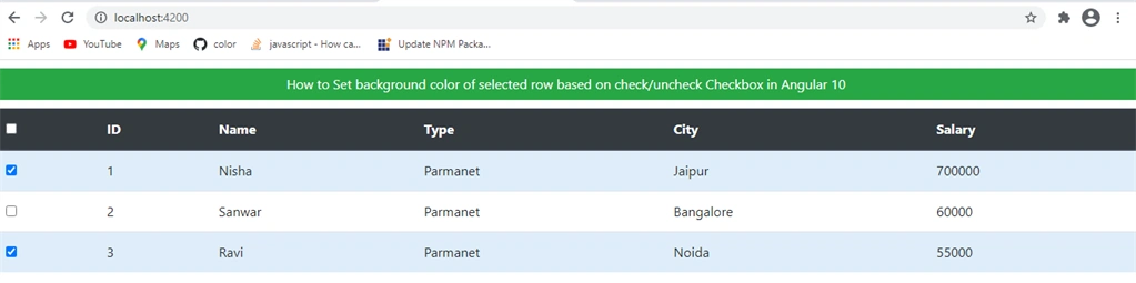 How To Set Background Color Of Selected Row Based On Check/Uncheck Checkbox In Angular 10