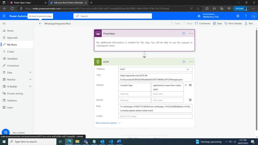 one way whatsapp messaging using Power automate to Twillio